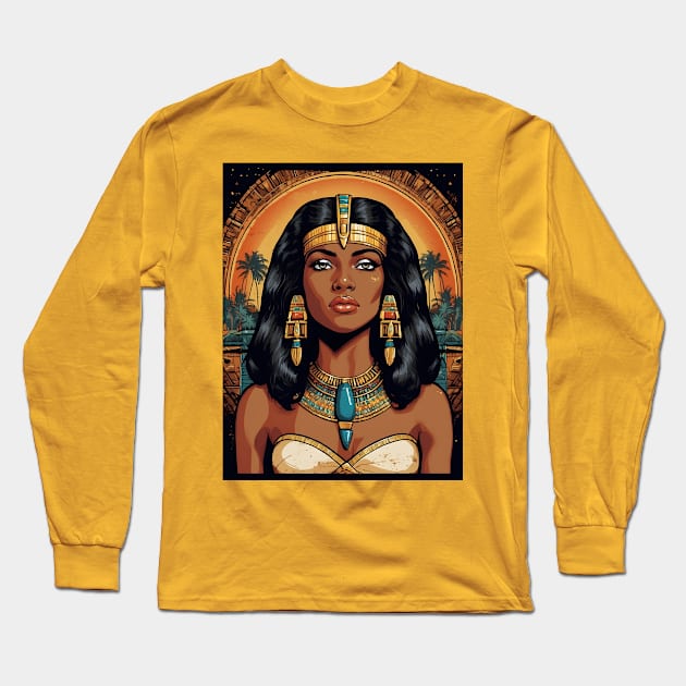 Black Cleopatra Art Long Sleeve T-Shirt by VivaLaRetro